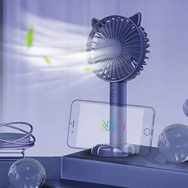 Wholesale Cat Ear Portable USB Rechargeable Handheld 3 Speed Strong Wind Electric Small Mini Cooling Fan with Cell Phone Holder and Light (Navy Blue)